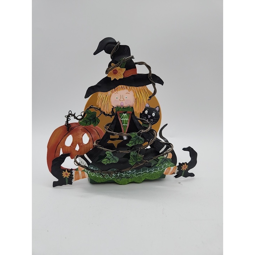Kathy Hatch Halloween Witch Metal Candle Holder Pumpkin Black Cat 2001 Vintage
